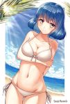  ass_visible_through_thighs bangs bare_arms bare_shoulders beach bikini blue_hair blue_sky blunt_bangs blush breasts brown_eyes censored cleavage closed_mouth cloud collarbone day dutch_angle embarrassed eyebrows_visible_through_hair fal front-tie_bikini front-tie_top frown groin hand_on_own_arm horizon light_rays medium_breasts ocean outside_border palm_tree raised_eyebrows ribbon seaside_muramoto shiny shiny_hair shore short_hair side-tie_bikini sky solo sunbeam sunlight swimsuit tag_force thigh_gap tree white_bikini white_ribbon 