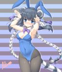  animal_ears bangs black_hair blue_eyes blue_leotard blunt_bangs bow bowtie bunny_ears bunny_girl bunny_pose bunny_tail bunnysuit commentary_request cowboy_shot detached_collar double_bun haku_(p&amp;d) highres leotard lilium0235 multicolored_hair pantyhose purple_neckwear puzzle_&amp;_dragons solo strapless strapless_leotard striped striped_background tail tiger_ears tiger_tail two-tone_hair white_hair wrist_cuffs 
