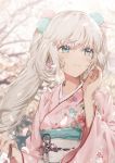  alternate_costume bangs blue_eyes blurry blurry_background cherry_blossoms closed_mouth commentary_request dangmill earrings eyebrows_visible_through_hair fate_(series) floral_print flower_earrings hair_ornament hand_up holding japanese_clothes jewelry kimono long_hair looking_to_the_side marie_antoinette_(fate/grand_order) nail_polish obi petals pink_kimono print_kimono red_nails sash solo tree upper_body very_long_hair white_hair wide_sleeves wind 