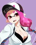  :d absurdres alternate_breast_size asymmetrical_hair baseball_cap black_bra black_hat bra breasts cleavage clothes_writing collarbone collared_shirt domino_mask fanf forehead hat highres inkling large_breasts long_hair mask necktie open_mouth pink_hair pointy_ears purple_background red_eyes shiny shiny_skin shirt simple_background smile solo splatoon_(series) splatoon_2 striped striped_neckwear tentacle_hair thick_eyebrows underwear undone_necktie upper_body upper_teeth uzura_kazuhisa white_shirt wing_collar 