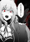  alternate_eye_color atago_(kantai_collection) breasts commentary ebiblue eyebrows_visible_through_hair gesugao gloves greyscale hat kantai_collection long_hair looking_at_viewer medium_breasts monochrome open_mouth pan-pa-ka-paaan! red_eyes solo spot_color teeth translated 