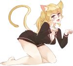  :d animal_ears barefoot blonde_hair blue_eyes blush breasts cat_ears cat_tail cleavage commentary eyebrows_visible_through_hair fang full_body katawa_shoujo kemonomimi_mode kneeling leaning_forward long_hair looking_at_viewer medium_breasts no_pants open_mouth paw_pose rtil satou_lilly simple_background sketch smile solo tail wavy_hair white_background 