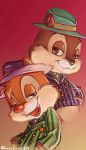  2015 anthro black_nose bottomless brown_fur buckteeth chip_&#039;n_dale_rescue_rangers chip_(cdrr) chipmunk clothed clothing dale_(cdrr) disney duo fur gangster gradient_background half-closed_eyes hat head_tuft kurokuma824 looking_at_viewer male mammal open_mouth open_smile red_nose rodent simple_background smile suit teeth trilby_(hat) tuft 