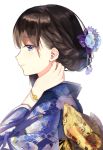  bangs blue_eyes blue_kimono blush bow braid brown_hair closed_mouth derori eyebrows_visible_through_hair floral_print flower food from_side fruit hair_flower hair_ornament hand_on_own_neck hand_up highres japanese_clothes kimono large_bow long_sleeves original pear print_kimono profile shiny shiny_hair short_hair simple_background smile upper_body white_background wide_sleeves yellow_bow 