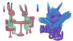  2018 anthro barefoot canine chair clothed clothing dipstick_ears disney english_text eyewear fan_character female glasses group ittybittykittytittys judy_hopps lagomorph male mammal multiple_images open_mouth rabbit simple_background sitting stated_homosexuality sunglasses table text violet_hopps_(zootopia) white_background wolf zootopia 