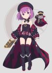  automaton_(object) bare_shoulders belt black_hat book colonel_olcott_(fate/grand_order) commentary_request detached_collar doll dress fate/grand_order fate_(series) flat_chest gamuo grimoire hat helena_blavatsky_(fate/grand_order) looking_at_viewer purple_eyes purple_hair short_hair solo strapless strapless_dress tree_of_life 