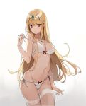  aiko_(kanl) artist_name ass_visible_through_thighs backlighting bangs blonde_hair bra breasts brown_eyes cleavage commentary cowboy_shot eyebrows_visible_through_hair gradient gradient_background hairband hikari_(xenoblade_2) large_breasts long_hair looking_at_viewer navel panties sheer_legwear side-tie_panties sidelocks simple_background solo standing strap_slip swept_bangs thighhighs tiara underwear underwear_only white_bra white_legwear white_panties xenoblade_(series) xenoblade_2 