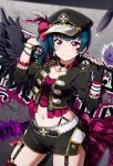  alternate_hairstyle bangs belt black_gloves black_wing blue_hair bracelet breasts choker cleavage collarbone cropped_jacket cross-laced_clothes earrings facial_mark feathered_wings fingerless_gloves frilled_sleeves frills garters gloves graffiti hat hat_feather highres jewelry looking_at_viewer love_live! love_live!_school_idol_festival love_live!_sunshine!! navel plaid_cape purple_eyes shiimai short_shorts shorts side_ponytail side_slit single_glove single_wing small_breasts smile solo star studded_belt tsushima_yoshiko waist_cape wings 