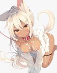  all_fours animal_ears bangs black_panties blush breasts collar collarbone cowboy_shot cum cum_on_body cum_on_upper_body dark_skin eyebrows_visible_through_hair hair_between_eyes head_tilt highres leash long_hair looking_at_viewer medium_breasts nibiiro_shizuka nipples no_bra no_pants open_clothes orange_eyes original panties panty_pull ponytail shirt sidelocks simple_background solo tail tan tears underwear wavy_mouth white_legwear white_shirt 