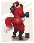  anthro blush butt canine exercise eyes_closed food fox male mammal musclegut muscular muscular_male nude solo standing tilionmaia weightlifting workout 