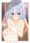  absurdres angry autumn_leaves blue_eyes blush commentary_request cowboy_shot hair_intakes highres looking_at_viewer mottsun_(i_40y) naked_towel onsen ryuuou_no_oshigoto! short_hair silver_hair solo sora_ginko towel white_towel 