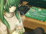  alternate_costume bangs black_eyes black_pants blush cable coffee_mug commentary cup eyebrows_visible_through_hair frown green_hair grey_sweater hair_ribbon half-closed_eyes hatsune_miku holding holding_cup horuda indoors korg_electribe korg_kaoss_pad long_hair long_sleeves looking_away looking_down milk_tea mug pants parted_lips ribbon sampler sitting solo steam sweater table turtleneck turtleneck_sweater twintails vocaloid 