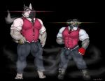  anthro bulge canine caprine cigar clothed clothing duo male mammal muscular muscular_male pecs smile smoke standing tight_clothing tilionmaia 