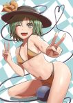  ;d bikini breasts checkered checkered_background commentary_request covered_nipples double_v eyeball green_eyes green_hair hat heart heart_of_string highres komeiji_koishi looking_at_viewer m92fs navel one_eye_closed open_mouth orange_bikini short_hair small_breasts smile solo swimsuit third_eye touhou v 