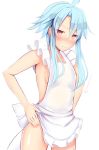  apron apron_lift blue_hair blush breasts cowboy_shot daiaru embarrassed frown lifted_by_self looking_at_viewer naked_apron neptune_(series) power_symbol red_eyes short_hair_with_long_locks sideboob simple_background small_breasts solo symbol-shaped_pupils white_apron white_background white_heart 