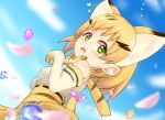  blonde_hair blue_sky blurry bow bowtie breasts cat_tail commentary day elbow_gloves extra_ears from_below gloves green_eyes high-waist_skirt highres kemono_friends looking_at_viewer looking_down open_mouth petals sand_cat_(kemono_friends) sandstar shiraha_maru shirt short_hair skirt sky sleeveless sleeveless_shirt small_breasts solo tail white_shirt 
