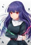  asagami_fujino bangs black_cola black_dress breasts character_name closed_mouth commentary_request dress eyebrows_visible_through_hair fingernails grey_background heart heart-shaped_pupils highres kara_no_kyoukai long_hair long_sleeves looking_at_viewer medium_breasts purple_hair red_eyes solo symbol-shaped_pupils very_long_hair 