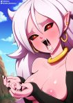  +_+ 1girl android_21 arm_warmers black_sclera blue_sky blush breasts cloud cum cum_in_mouth day dragon_ball dragon_ball_fighterz ear_piercing hoop_earrings jewelry majin_android_21 medium_breasts nail_polish naughty_face neocoill nipples outdoors pink_skin pointy_ears red_eyes sky solo white_hair 