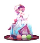  alternate_costume bowl bowl_hat commentary_request covering_mouth dango flower food hat highres holding hood japanese_clothes kimono needle nr_(cmnrr) oversized_object pink_ribbon purple_eyes purple_hair ribbon sanshoku_dango short_hair sitting solo sukuna_shinmyoumaru touhou transparent_background uchikake wagashi 