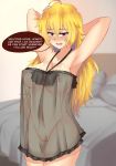  1girl aerolae ahoge armpits bed belly blonde_hair blush breasts eyebrows long_hair nas_(zzzful) nightgown nipples open_mouth pillow purple_eyes pussy rwby smile solo standing stomach text yang_xiao_long 