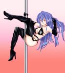  alternate_costume armpits ass bare_shoulders between_legs black_footwear black_gloves blue_hair blush boots breasts cleavage franz_haru full_body gloves hair_between_eyes high_heel_boots high_heels highres holding_pole iris_heart kami_jigen_game_neptune_v large_breasts leaning_back leather leather_boots leather_gloves long_hair neptune_(series) pink_eyes pole_dancing power_symbol revealing_clothes smile solo symbol-shaped_pupils very_long_hair 