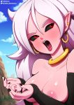  1girl android_21 arm_warmers black_sclera blue_sky blush breasts cloud day dragon_ball dragon_ball_fighterz ear_piercing hoop_earrings jewelry majin_android_21 medium_breasts nail_polish neocoill outdoors pink_skin pointy_ears red_eyes sky solo white_hair 