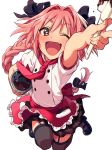 ;d apron arm_up astolfo_(fate) black_bow black_legwear blush bow braid chef_uniform chocolate fang fate/apocrypha fate/grand_order fate_(series) frilled_apron frills garter_straps hair_intakes long_braid long_hair looking_at_viewer male_focus miniskirt mixing_bowl multicolored_hair one_eye_closed open_mouth otoko_no_ko pink_hair pleated_skirt purple_eyes red_apron red_neckwear sayshownen simple_background single_braid skirt smile spatula streaked_hair thighhighs very_long_hair waist_apron white_background 