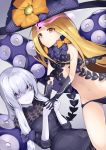  abigail_williams_(fate/grand_order) bags_under_eyes bangs black_bow black_dress black_gloves black_hat black_panties blonde_hair bow breasts closed_mouth commentary_request dabuki dress elbow_gloves eyebrows_visible_through_hair fate/grand_order fate_(series) fingernails gloves grey_background hair_between_eyes hat highres horn interlocked_fingers lavinia_whateley_(fate/grand_order) long_hair looking_at_viewer multiple_girls navel orange_bow orange_eyes panties parted_bangs polka_dot polka_dot_bow purple_eyes revealing_clothes silver_hair skull_print small_breasts smile suction_cups tentacles topless underwear very_long_hair witch_hat 