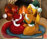  2017 4_toes allin anthro blonde_hair bottomless clothed clothing digital_media_(artwork) duo female fire fireplace freckles green_eyes hair hand_holding hat hi_res horn long_hair looking_at_viewer pointy_ears scalie suirano suirano_(character) toes 