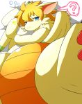 ? abstract_background ambiguous_gender big_ears blonde_hair blue_eyes blush feral flammie fur hair luclover lying mana_(series) mane multi_wing pawpads solo tagme video_games wings yellow_fur 