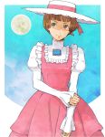  bangs blue_background blunt_bangs brooch brown_eyes brown_hair dress frills gundam hat jewelry kei-co looking_to_the_side moon pink_dress short_hair sochie_heim solo turn_a_gundam 