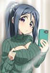  :/ blue_hair blush breasts cellphone cleavage cleavage_cutout closed_mouth commentary_request eyebrows_visible_through_hair green_sweater hair_ornament hair_scrunchie head_tilt highres long_hair long_sleeves looking_at_viewer love_live! love_live!_sunshine!! matsuura_kanan medium_breasts meme_attire open-chest_sweater phone polka_dot polka_dot_scrunchie purple_eyes ribbed_sweater scrunchie self_shot signature smartphone solo sweater takeya_yuuki tareme turtleneck turtleneck_sweater upper_body 