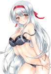  black_bra black_panties bra breasts brown_eyes cleavage closed_mouth commentary_request eyebrows_visible_through_hair grey_hair hairband hand_on_own_chest kantai_collection large_breasts leaning_forward long_hair looking_at_viewer marker_(medium) navel panties panty_pull pulled_by_self red_hairband ren_(endscape20) shoukaku_(kantai_collection) simple_background smile solo standing straight_hair tareme traditional_media underwear underwear_only very_long_hair white_background 