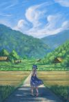  barefoot blue_eyes blue_hair blurry blush bow cirno cloud commentary condensation_trail dappled_sunlight day dress faux_traditional_media fjsmu forest grass hair_bow hands_on_own_chest highres house ice ice_wings looking_to_the_side mountain nature pigeon-toed rice_paddy road rural scenery short_hair sky solo summer sunlight touhou wind wings 
