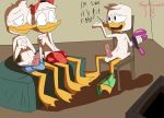  2018 anthro avian balls bird brother clothing dewey_duck digital_media_(artwork) ducktales ducktales_(2017) erection feathers gaycoon69 hair hat hi_res huey_duck humanoid_penis incest louie_duck male male/male nude open_mouth penis sibling sitting smile text underwear 