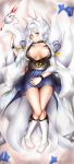  animal_ears azur_lane bad_id bad_pixiv_id blue_eyes blue_skirt blush breasts breasts_apart choker collarbone daisufuumi dakimakura eyebrows_visible_through_hair fox_ears fox_mask fox_tail from_above full_body glint highres japanese_clothes jewelry kaga_(azur_lane) kneehighs knees_together_feet_apart large_breasts looking_at_viewer lying mask multiple_tails nipple_slip nipples parted_lips pleated_skirt revision ring short_hair skirt solo sparkle tail wedding_band white_hair white_legwear wristband 