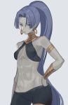  abs assassin_(fate/zero) bare_shoulders bracer breasts dark_skin earrings fate/zero fate_(series) female_assassin_(fate/zero) grey_background hand_on_hip hoop_earrings jewelry keemu_(occhoko-cho) long_hair looking_at_viewer ponytail purple_eyes purple_hair revealing_clothes small_breasts solo very_long_hair 