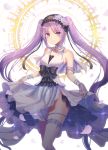  bare_shoulders black_hairband blush closed_mouth collarbone commentary_request dress euryale fate/hollow_ataraxia fate_(series) flower frilled_hairband frills hairband halo highres jewelry long_hair petals purple_eyes purple_hair rose seungju_lee simple_background skirt_hold sleeveless sleeveless_dress smile solo very_long_hair white_background white_dress white_flower white_rose 