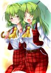  aka_tawashi ascot belt blush breasts brown_belt clenched_hand closed_eyes commentary_request cowboy_shot dual_persona eyebrows_visible_through_hair green_hair hand_up highres holding holding_umbrella kazami_yuuka kazami_yuuka_(pc-98) long_hair long_sleeves looking_at_another medium_breasts multiple_girls open_mouth pants parted_lips petticoat plaid plaid_pants plaid_skirt plaid_vest red_eyes red_pants red_skirt red_vest shared_umbrella shirt short_hair skirt smile standing sweatdrop touhou touhou_(pc-98) umbrella vest white_background white_shirt yellow_neckwear 