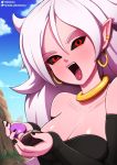  1girl android_21 arm_warmers black_sclera blue_sky blush breasts cloud day dragon_ball dragon_ball_fighterz ear_piercing hoop_earrings jewelry majin_android_21 medium_breasts nail_polish neocoill outdoors pink_skin pointy_ears red_eyes sky solo white_hair 