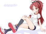  bangs black_legwear blue_buruma buruma full_body gym_uniform hair_ornament hand_on_own_knee jewelry kneehighs long_hair looking_at_viewer mahou_shoujo_madoka_magica parted_bangs ponytail red_eyes red_hair ribbed_legwear ring sakura_kyouko shirt shoes short_sleeves sitting sneakers solo taut_clothes taut_shirt toshi_(little-fluffy-cloud) 