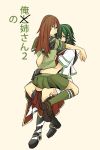  asuka_(junerabitts) black_gloves blush brown_eyes brown_hair commentary_request eyepatch gloves green_eyes green_hair green_legwear hug kantai_collection kiso_(kantai_collection) kneehighs long_hair looking_at_viewer looking_back multiple_girls necktie no_hat no_headwear ooi_(kantai_collection) open_mouth red_neckwear school_uniform short_sleeves sitting sitting_on_person tan_background translated yuri 