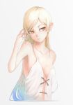  absurdres bare_shoulders blonde_hair blush breasts breasts_apart collarbone covered_nipples dress gradient_eyes gradient_hair highres kiss-shot_acerola-orion_heart-under-blade kizumonogatari long_hair looking_away monogatari_(series) multicolored multicolored_eyes multicolored_hair na_(oagenosuke) off_shoulder oshino_shinobu pointy_ears sleeveless sleeveless_dress small_breasts strap_slip upper_body very_long_hair white_dress 