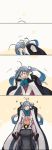  ahoge ahoge_wag bending_forward blush carrying closed_eyes coat comic commentary expressive_hair facing_another grey_hair highres kantai_collection kiyoshimo_(kantai_collection) long_hair multiple_girls musashi_(kantai_collection) on_shoulder open_clothes open_coat open_mouth remodel_(kantai_collection) shoulder_carry silent_comic sitting sitting_on_person smile tan_background twintails very_long_hair weidashming white_hair 