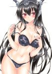  ass_visible_through_thighs bangs black_bra black_hair black_panties blush bra breasts cleavage collarbone commentary_request cowboy_shot eyebrows_visible_through_hair floral_print hand_on_hip headgear kantai_collection large_breasts long_hair looking_at_viewer marker_(medium) nagato_(kantai_collection) nail_polish panties pink_nails red_eyes ren_(endscape20) rose_print simple_background solo standing straight_hair strap_slip thigh_gap traditional_media underwear underwear_only very_long_hair white_background 