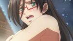  1girl animated animated_gif areolae black_hair blush breasts embarrassed erect_nipples female glasses green_eyes hasegawa_chisato lactation large_breasts long_hair nipples shinmai_maou_no_testament solo 