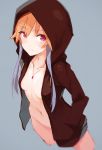  blush bottomless breasts hands_in_pockets highres hood hoodie idolmaster idolmaster_cinderella_girls long_hair looking_at_viewer multicolored_hair naked_hoodie navel ninomiya_asuka no_bra no_panties open_clothes open_hoodie orange_hair purple_eyes sakura_akami simple_background small_breasts solo standing two-tone_hair 