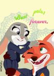  2018 anthro canine clothing digital_media_(artwork) disney duo female fox fur hi_res judy_hopps lagomorph male mammal nick_wilde nonomoh123 one_eye_closed police_uniform rabbit simple_background text uniform unifrom wink zootopia 