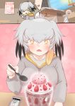  1girl alternate_costume bangs blush casual cellphone comic commentary contemporary drooling eyebrows_visible_through_hair eyes_visible_through_hair food fruit glowing grey_hair hair_between_eyes head_wings heart heart-shaped_pupils highres holding holding_spoon hood hood_down hoodie john_(a2556349) kemono_friends looking_at_viewer parfait phone pointing shoebill_(kemono_friends) silent_comic smartphone solo_focus spoon strawberry symbol-shaped_pupils triangle_mouth yellow_eyes 