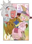  armor bare_shoulders blonde_hair blush carrying commentary dragon_quest dragon_quest_x elf_(dq10) gloves green_eyes grey_eyes grey_hair hat horns midriff mochi_au_lait multiple_girls ogre_(dq10) pink_gloves pointy_ears ponytail princess_carry red_skin short_hair witch_hat yuri 